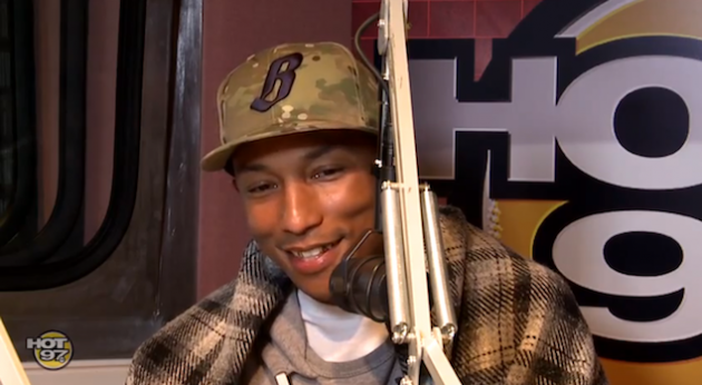 Pharrell-Williams-wears-Billionaire-Boys-Club-Bee-Line-New-Era-59Fifty-fitted-cap-hat-Hermes-plaid-blanket-on-Hot97-Angie-Martinez-Show