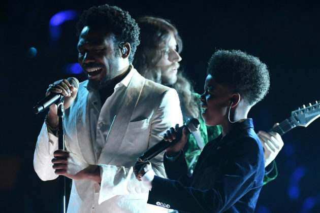Childish Gambino (L) performs during the 60th Annual Grammy Awards show on January 28, 2018, in New York. / AFP PHOTO / Timothy A. CLARY (Photo credit should read TIMOTHY A. CLARY/AFP/Getty Images)