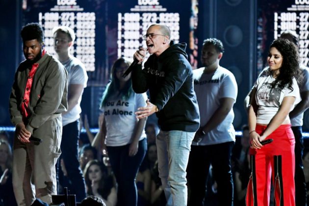 NEW YORK, NY - JANUARY 28: Recording artists Khalid, Logic and Alessia Cara perform onstage during the 60th Annual GRAMMY Awards at Madison Square Garden on January 28, 2018 in New York City. (Photo by Jeff Kravitz/FilmMagic)